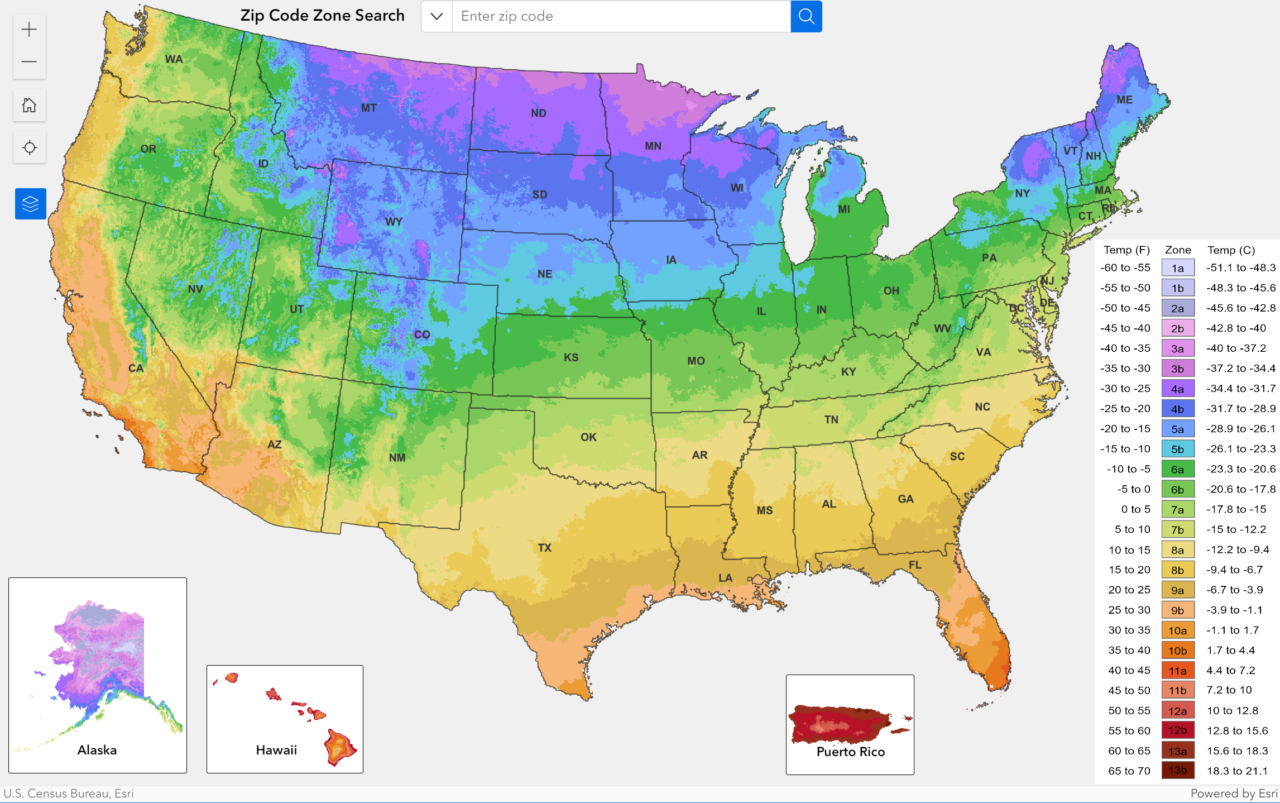 A screenshot of the USDA hardiness zones tool